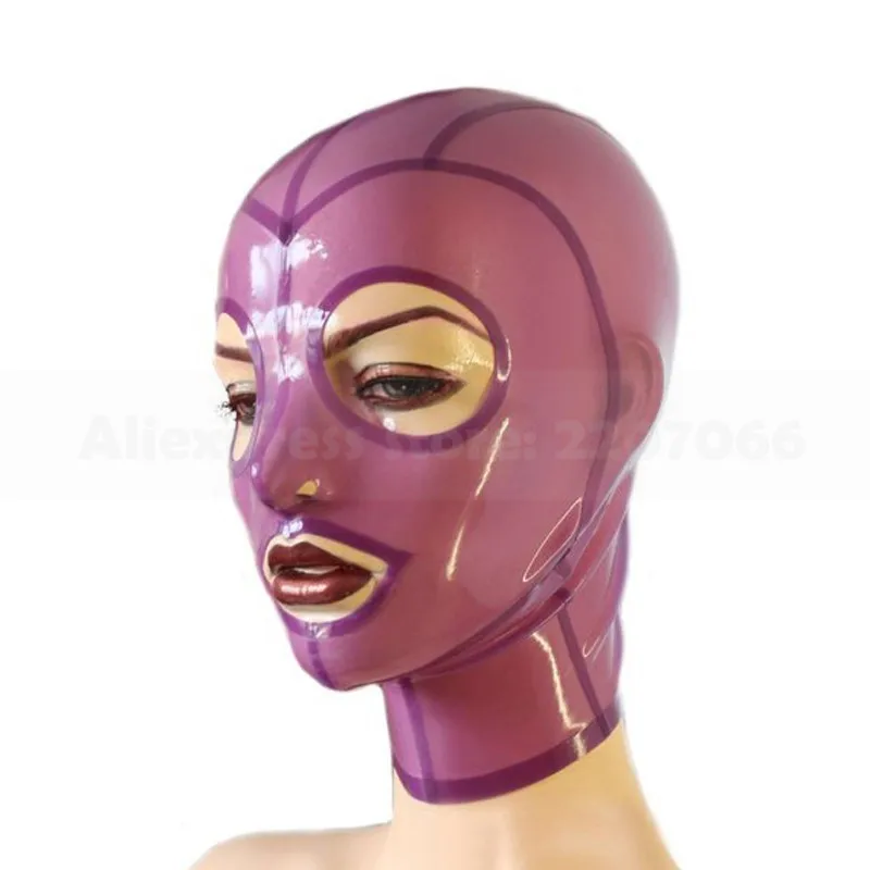 

Женская и мужская прозрачная фиолетовая латексная резиновая маска с капюшоном на молнии сзади головной убор ручной работы RLM205