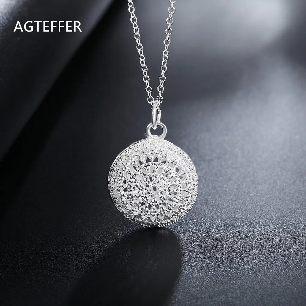 

AGTEFFER 925 Sterling Silver 18 Inch Hollow Round AAA Zircon Pendant Necklace For Women Fashion Wedding Party Charm Jewelry