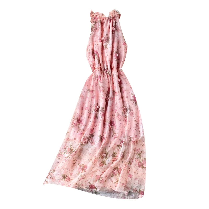 Женское пляжное платье GLAUKE Розовое Шифоновое подиумное с вырезом на шее лето