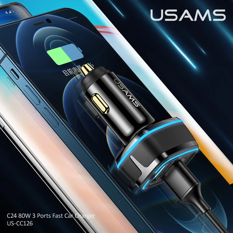 USAMS 80W USB A C 3 порта QC PD Быстрая зарядка Автомобильное зарядное устройство для iPhone 13