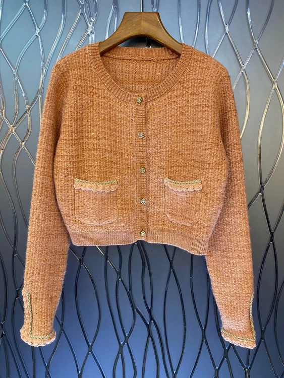 

Женское Трикотажное короткое пальто, новое модное трикотажное пальто с круглым вырезом и симметричными карманами и декоративными пуговица...