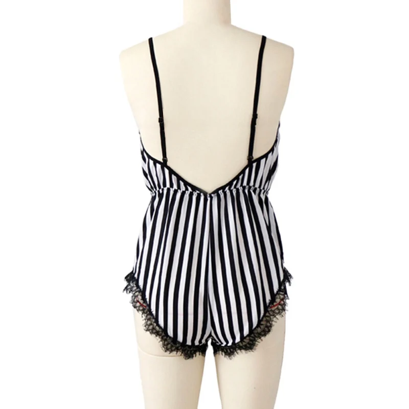 

Women Sexy Lace Underwear Cross Back Backless Bodysuit Striped Sleepshirts Sleep Bodysuits W2