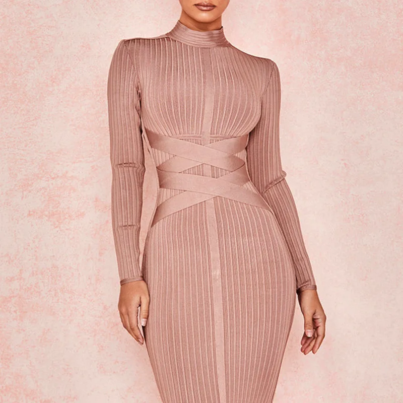 

Women Fashion Autumn Winter Evening Party Goddess Sheath Bandage Dress Sexy Lady Long Sleeve Knee Length Dress Vestido De Fiesta