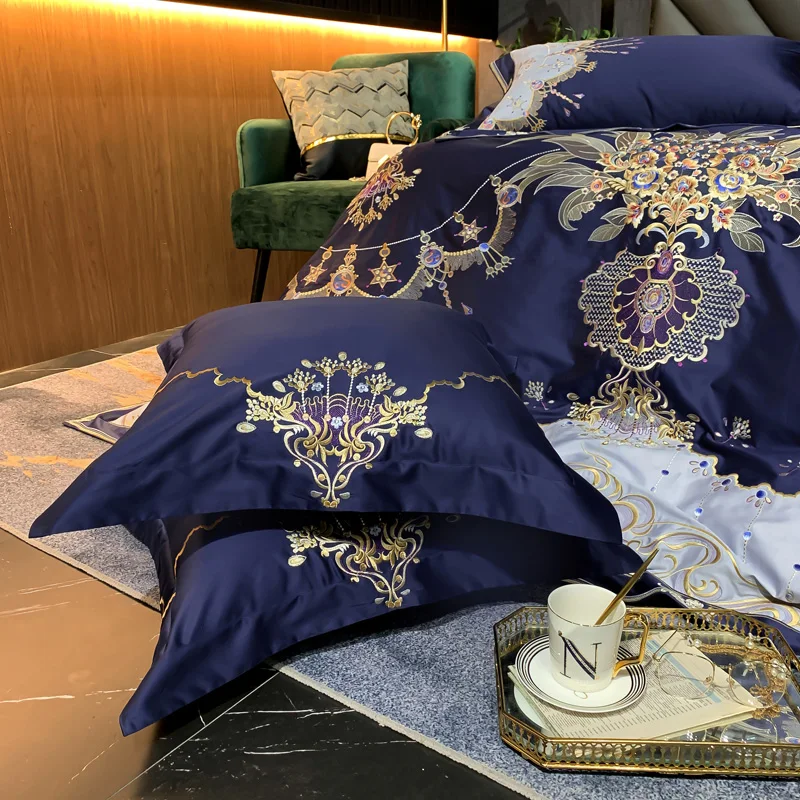 

1000TC Egyptian cotton Blue Bedding Set Luxury Queen King size Bed sheet set Embroidery Duvet cover Pillowcases Court style
