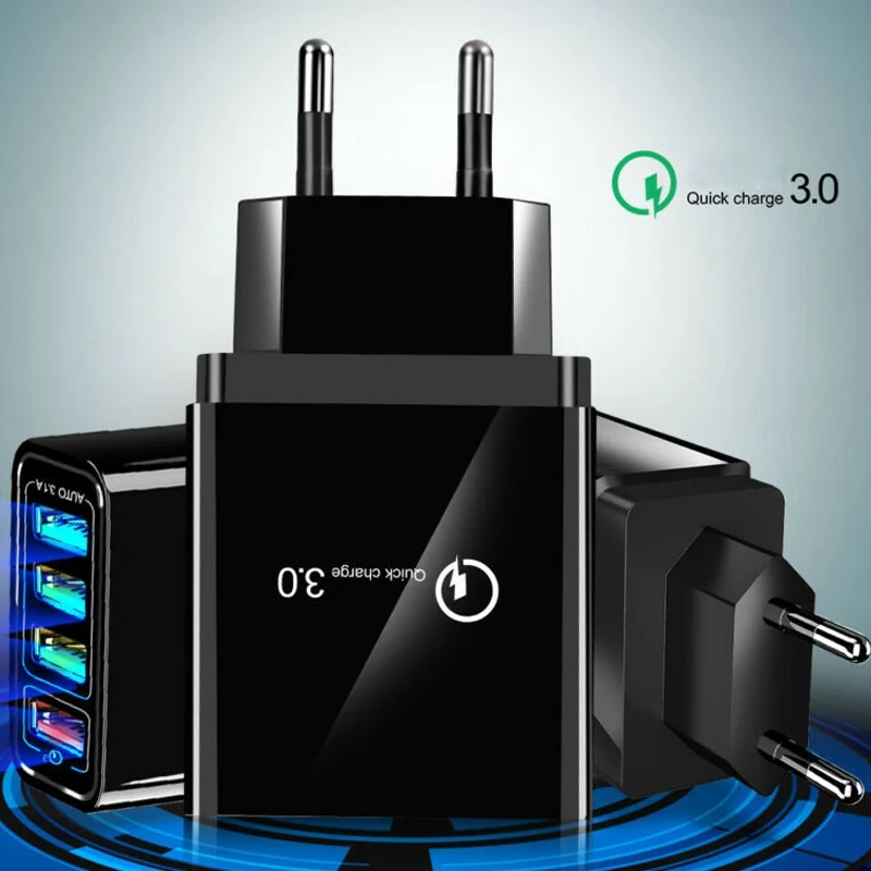 Быстрое зарядное устройство для телефона с разъемом US/EU/UK 4 USB QC3.0 портами