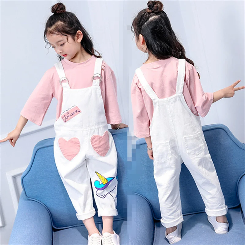 

Summer Girls Pants White Bib Overalls Denim Jumpsuit New Baby Girls Cartoon Patch Braces Comfortable Children's Clothes Rompers