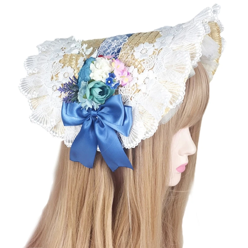 

Lolita Pastoral Bonnet Straw Hat Sweet Ruffled Lace Ribbon Bow Cosplay Sun