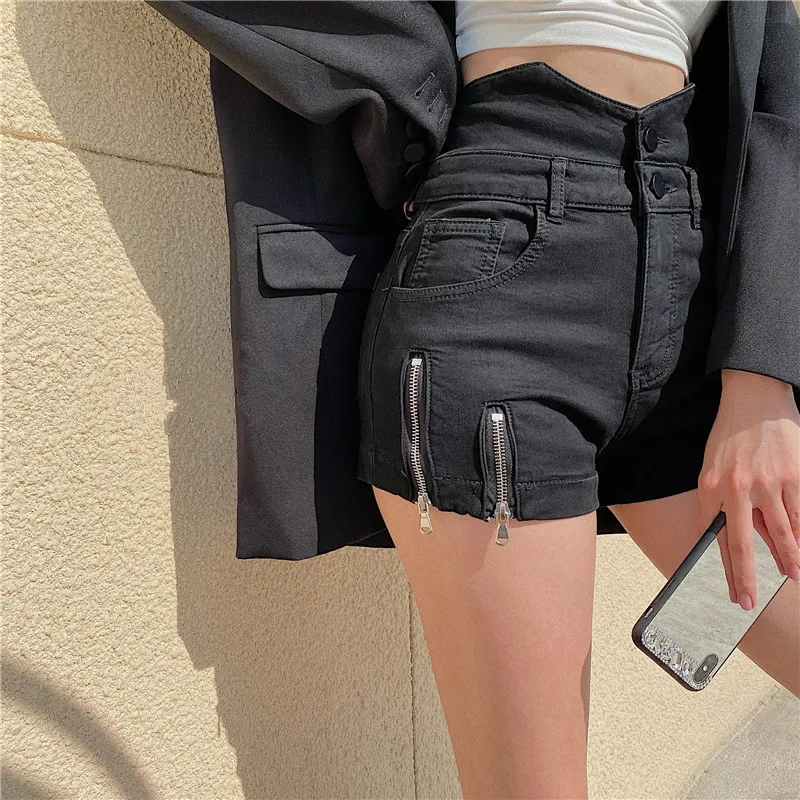 

New Fashion High Street Black Sexy Zipper Slit Denim Hot Shorts Women Spring Summer High Waist Bodycon Jean Shorts