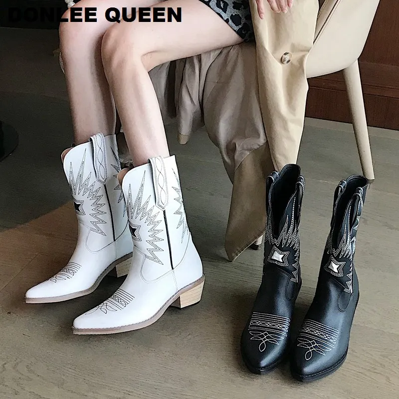 Женские ковбойские ботинки DONLEE QUEEN Черные ботильоны из искусственной кожи на