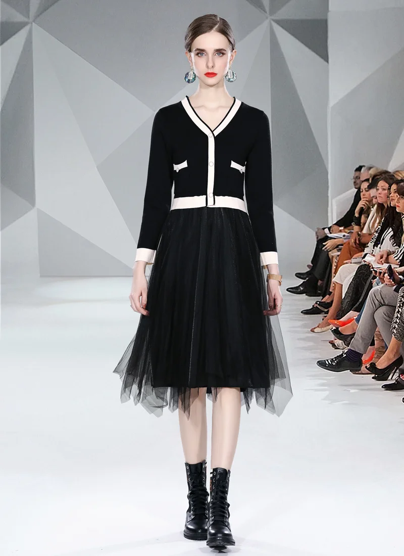 

2022 New Style Female Dress Fashion V-neck Color Matching Long-sleeved Knitted Stitching Mesh Irregular Dress