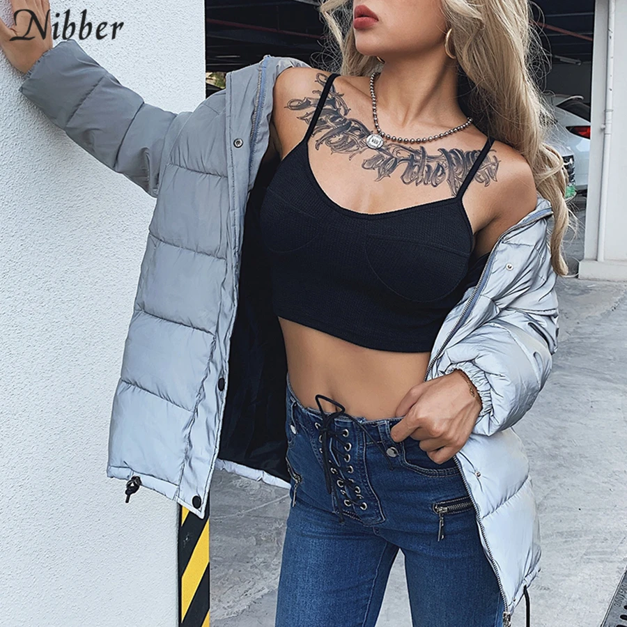 Nibber Winter Fashion Reflective Warm long Coat Womens top Jacket2019 club party Shining loose Outerwear mujer spring Parka Coat