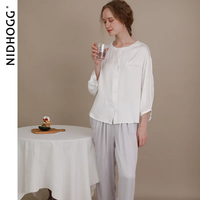 

2020 Fairy Pajamas All-match Satin Vintage Shirt Baggy Pants Multi-Color Pijama for Women Round Neck Sleepwear 2 Piece Nightwear