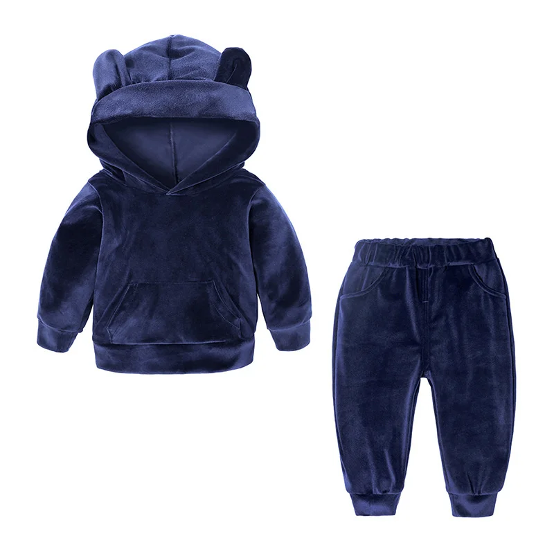 Children Wear Two Piece Hoodies And Pants Suit Warm Solid Leisure Pleuche Soft Boy Girls Sportswear Casual 2021 New