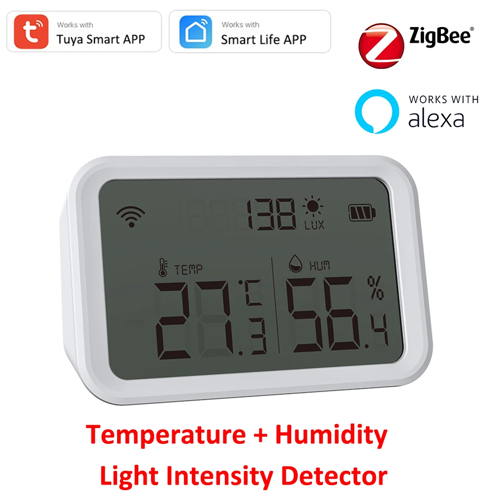 Tuya Smart Home Zigbee Alexa Temperature and Humidity Sensor Lux Light Intensity Hygrometer Thermometer With LCD Screen APP View mp3 fm inside and outside light sauna and household temperature control thermometer with led