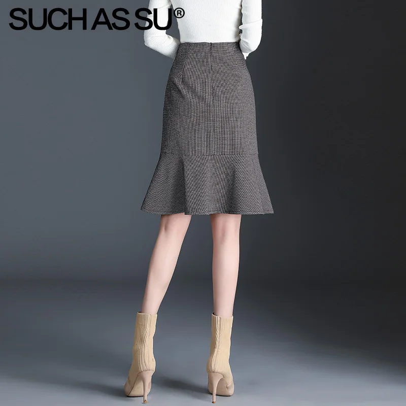 New Fall Winter Knit Skirt Women Gray Lattice High Waist Ruffle Mermaid Skirt S-3XL Plus Size Pencil Skirt Female
