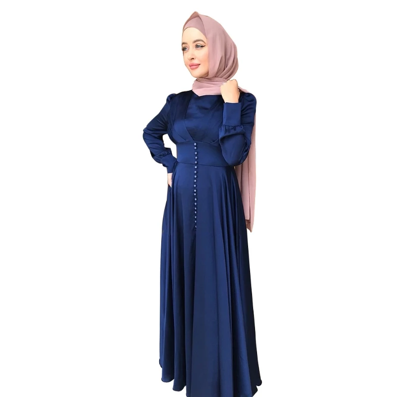 Мусульманское Атласное Платье макси с длинным рукавом на пуговицах Плиссированное тонкое абайя Дубай длинное платье U90E