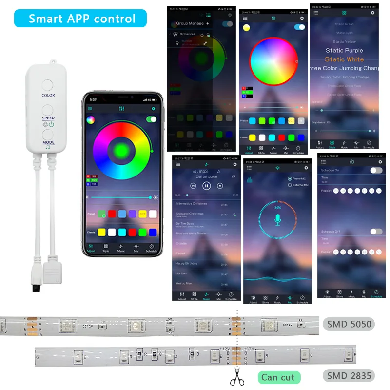 

5050 LED Strip Light 20M-5M Bluetooth RGB 2835 SMD Flexible Ribbon led light strip RGB Tape Diode DC 12V Music Bluetooth Control