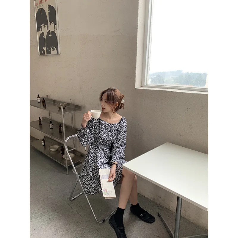 

Fannic Square Neck Vintage Floral Dress Women 2021 Spring Loose Long Sleeve Cuffs Lace-up A-line Dresses Femme Vestido De Mujer