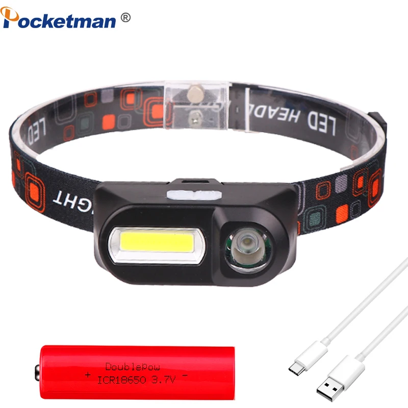 

Портативный мини Мощный светодиодный налобный фонарь XPE + COB USB Перезаряжаемый налобный фонарь со встроенным аккумулятором водонепроницаем...
