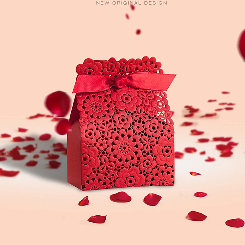 

50pcs Modern Event Party Supplies Red Ribbon Paper Wedding Decoration Baby Shower Flower Laser Birthday Favors Hand Candy Box