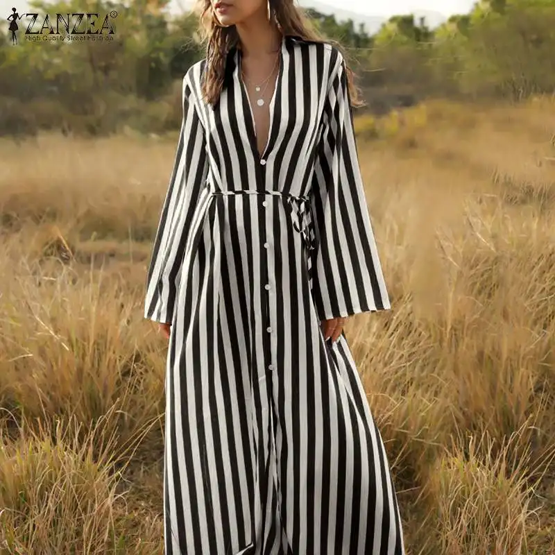 

Платье-макси ZANZEA женское длинное в полоску, Повседневный Сарафан оверсайз на шнуровке с длинным рукавом, 2021