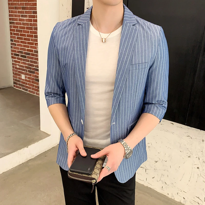 

Пиджак мужской в полоску, повседневный тонкий приталенный Блейзер на одной пуговице, пиджак для свадьбы, мужская верхняя одежда, лето