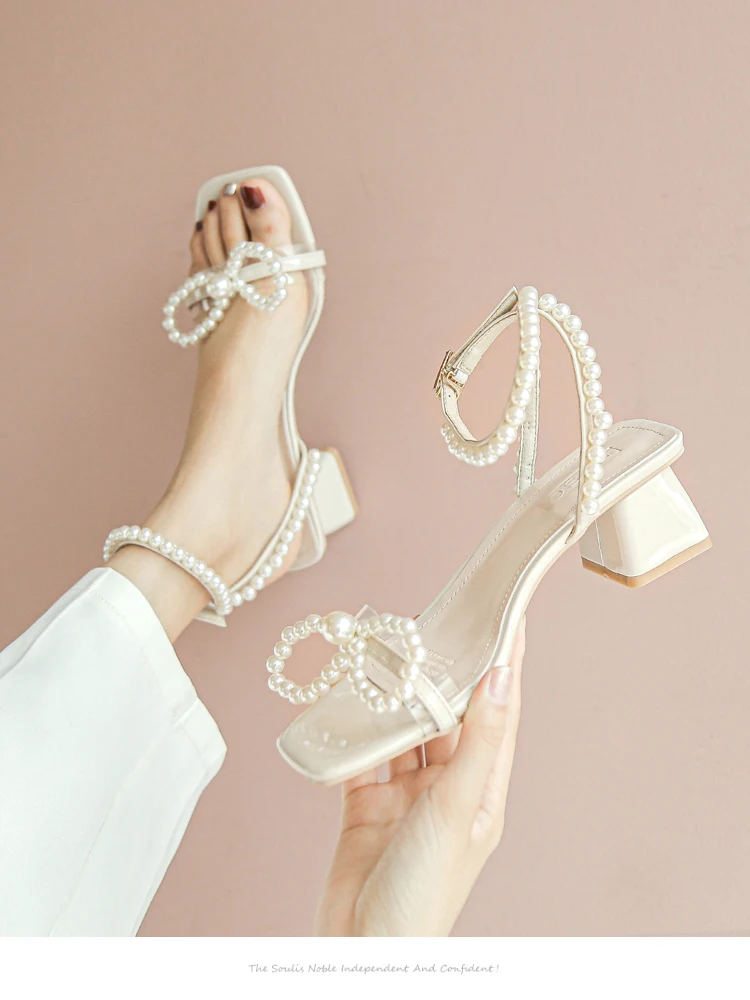 

[Бонус 99 юаней] женские сандалии на массивном каблуке, Новинка лета 2020, женские сандалии на высоком каблуке с жемчужинами и Красной сеткой