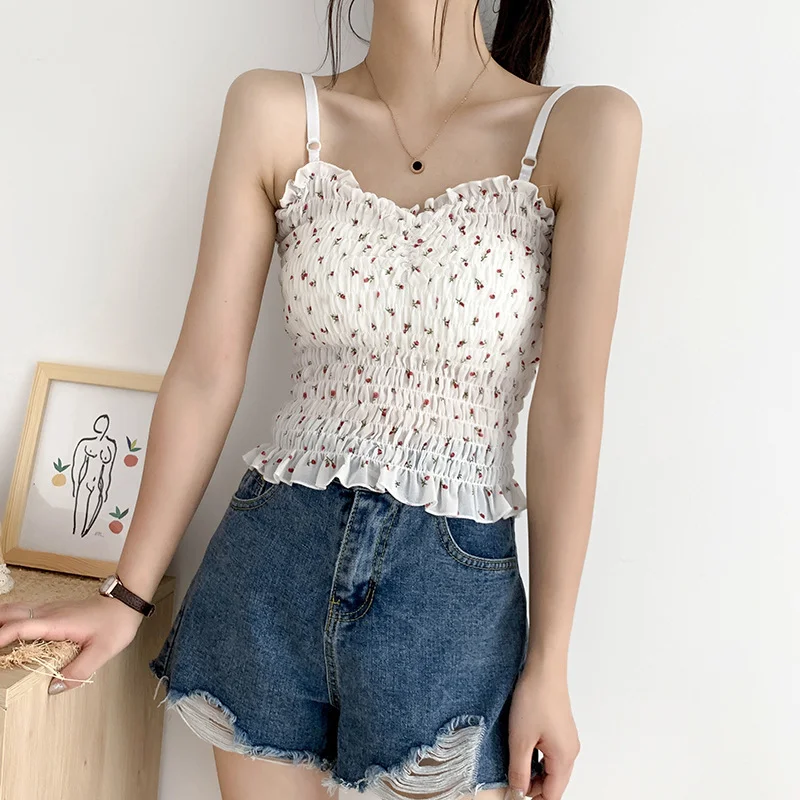 

Summer Women Camis Cute Vest Chic Crop Top Camisole Collar Small Floral Wear Short Bottoming Lace Corset White Black Tank Top