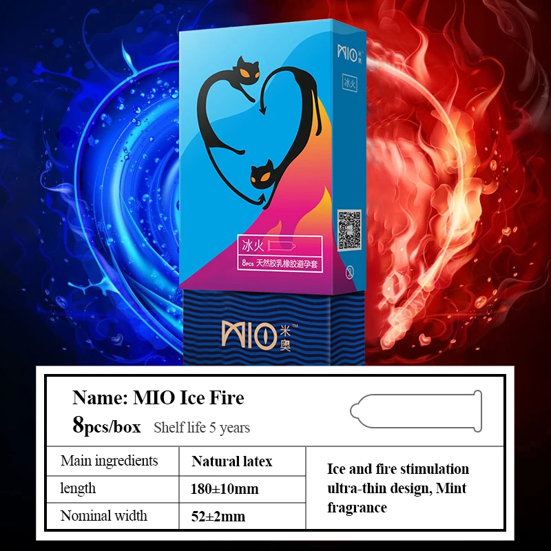 MIO Smooth Particle Condom 3D Delay Lubricant Natural Latex Ice Fire Stimulation Penis Sleeve Small Size fancy Safe Sex |
