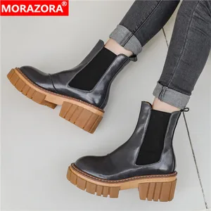 Женские ботильоны из натуральной кожи MORAZORA, черные ботильоны из натуральной кожи, без застежки, на квадратном каблуке, осень размера плюс