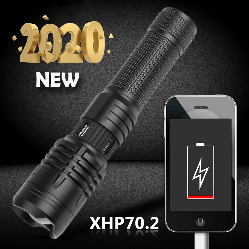 

2020 new Xhp70.2 Led Flashlight 26650 Torch Light Ultra Bright Lantern Camping Rechargeable Portable Zoom Torch Power Bank
