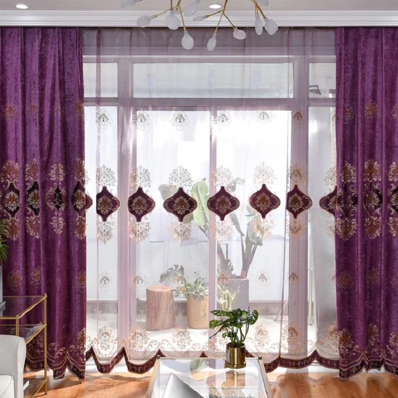 

European Luxury Fashion Modern Embroidered Curtains Purple Blackout Curtains for Living Room and Bedroom