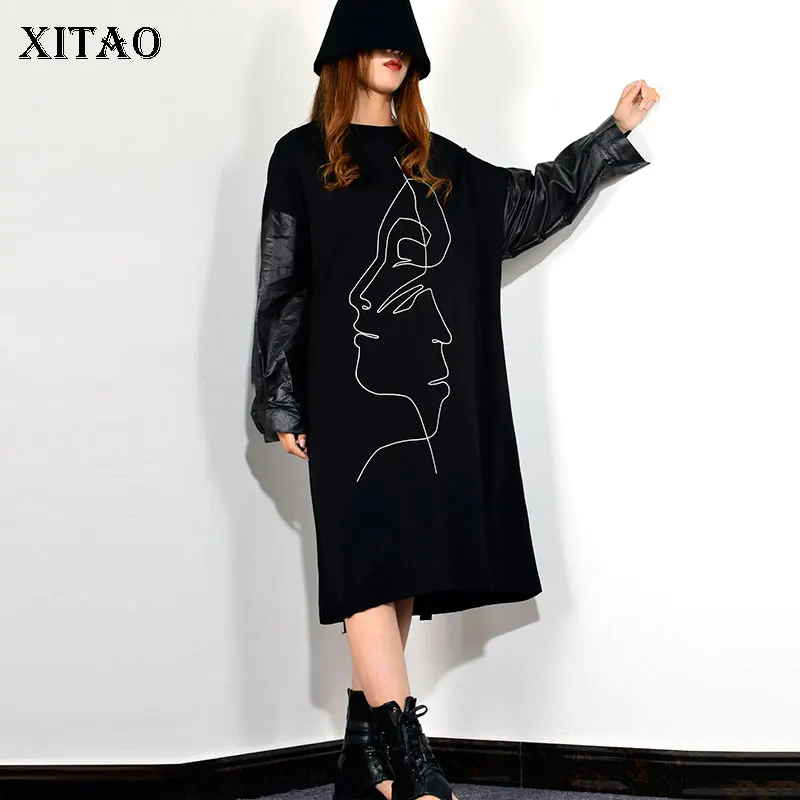 XITAO Tide Pocket Patchwork платье миди с круглым вырезом и длинными рукавами свободное