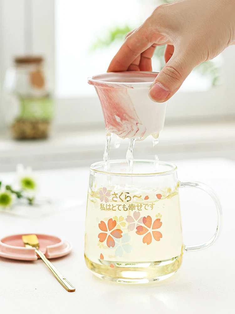 

500ml Sakura Mug Glass mug With Tea Infuser Filter&Lid Cherry cup set Blossoms Flower Teacup Transparent Heat Resistant Glasses