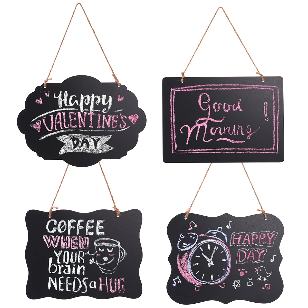 

HOMEMAXS 4pcs Mini Diverse Styles Chalkboard Double Sided Message Board with String for Message Board Sign (Black)