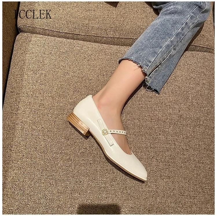 

ICCLEK 2021 Casual Leather Shoes Summer Sandals Low Heels Square Toe Buckle Mary Janes Pumps Shoes for Women Sandals Flat