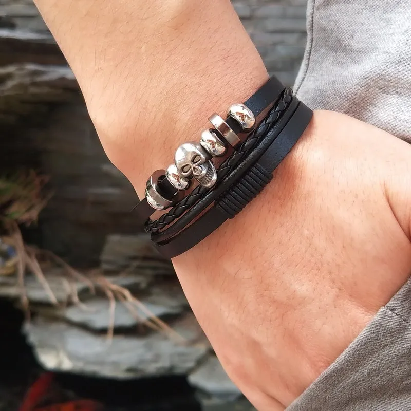 Мужской кожаный браслет с черепом Pop Black высококачественный популярный мужской В