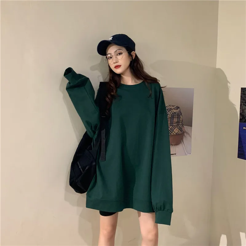 

2021 Couleur Unie Femmes Sweat-Shirt Vert Noir Blanc Filles Hoodies O-cou M-XXL Pulls Femme