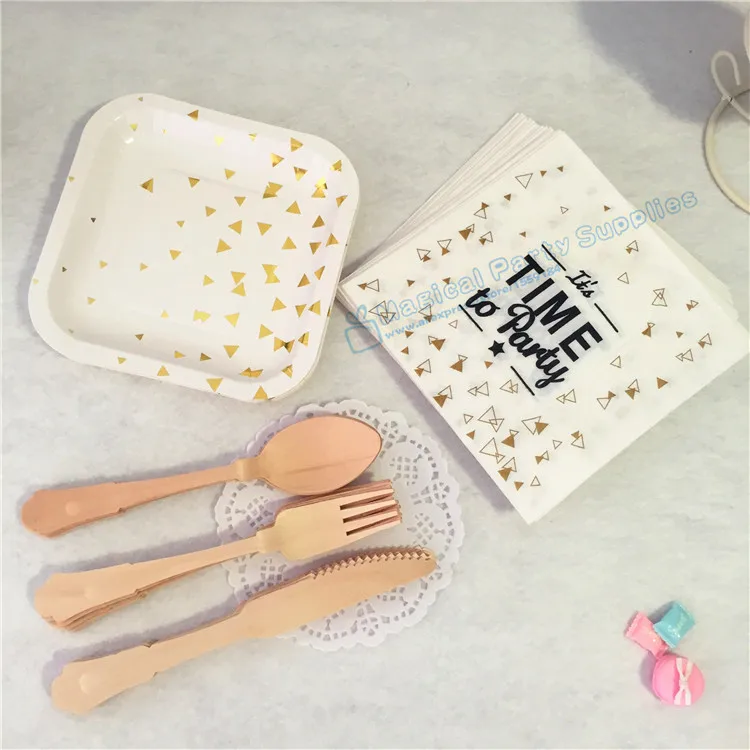 

Free Shipping 16sets Gold Tableware Small Foil Paper Plates Time to Party Napkin Good Wooden Spoon Fork Knife Party Supplies