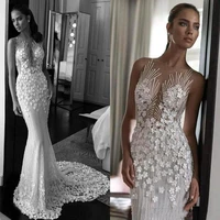 eleagnt lace appliqued wedding dresses luxury 3d flowers sheer back beach boho bridal gown custom made robe de mariee