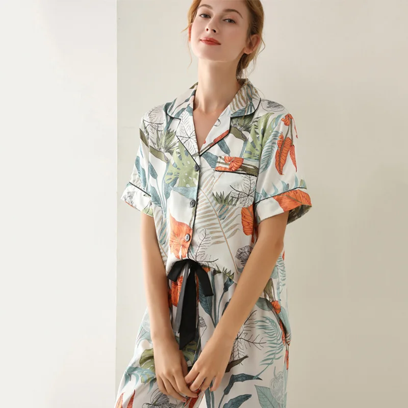 

Elegant Summer Pajamas for Women Silk Satin Button Pajamas Set Short Sleeve Sexy Sleepwear Femme Pyjama Home Suit Night Clothes