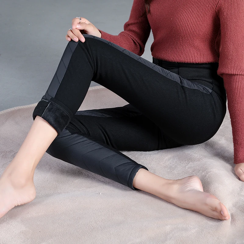 

REALEFT 2020 New Winter Thicken Warm Women Pants Down Velvet High Waist Solid Skinny Formal Pants Female Elastic Waist Trousers