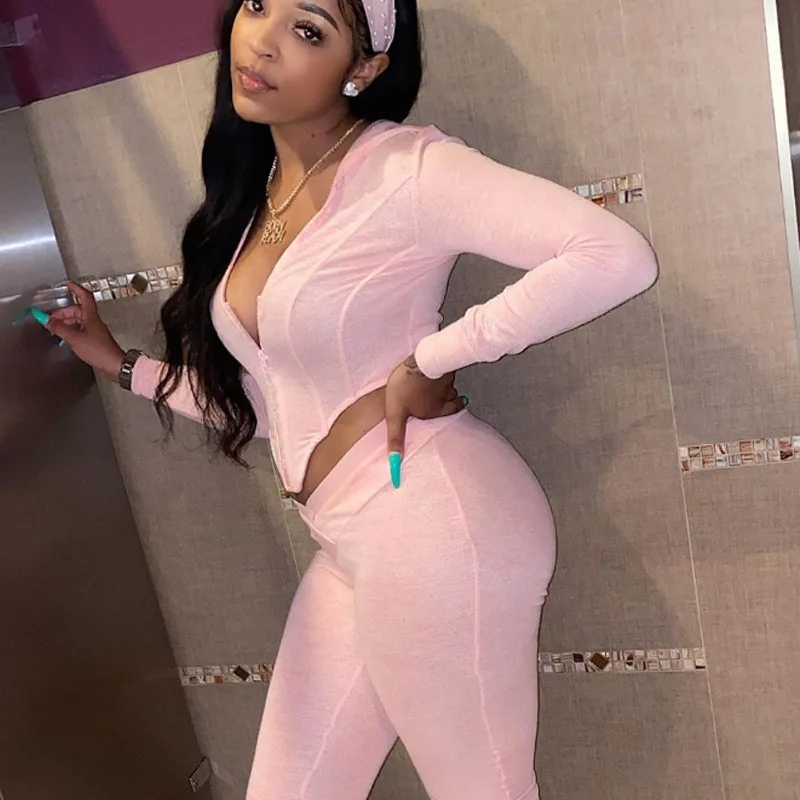 

Модный сексуальный облегающий Однотонный женский комплект из двух предметов, лоскутный укороченный топ с капюшоном на молнии и длинными ру...