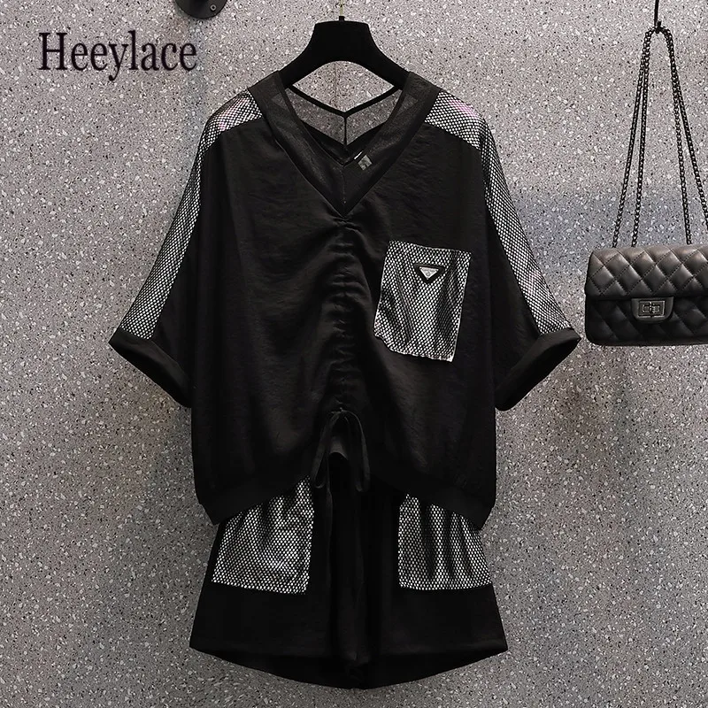 Roupas de Treino de Duas Retalhos com Cordão Topo e Shorts Tamanho Grande Feminino Verão Peças Conjuntos Outfit Manga Curta Ternos Soltos