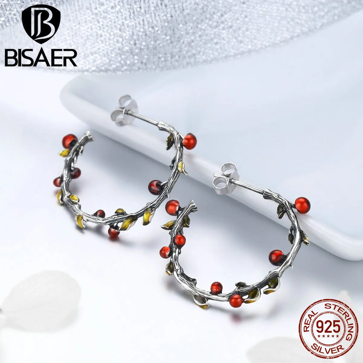 BISAER Newe дизайнерские круглые серьги, 925 пробы, серебряные, красные, ягоды, фрукты, серьги-кольца для женщин, уникальные ювелирные изделия, бижутерия HSE443