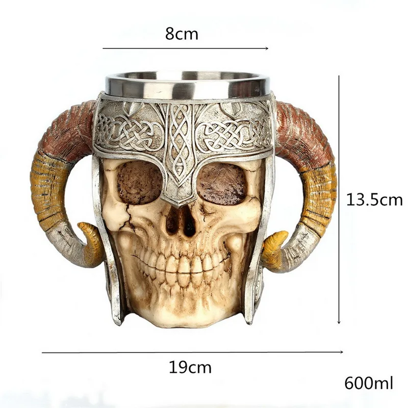 

Hot Retro Horn Skull Resin Beer Mug Stainless Steel Skull Knight Halloween Coffee Cup Viking Tea Mug Pub Bar Decoration