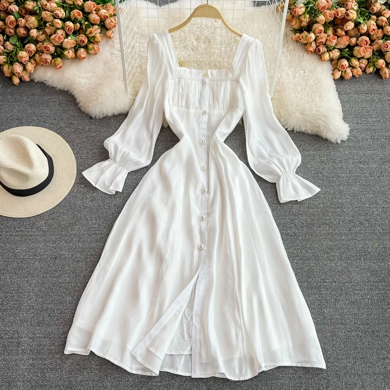 

Платье в стиле Хепберн для девушек, с длинным рукавом и квадратным вырезом, модное волшебное женское тонкое шикарное нежно-белое длинное пл...