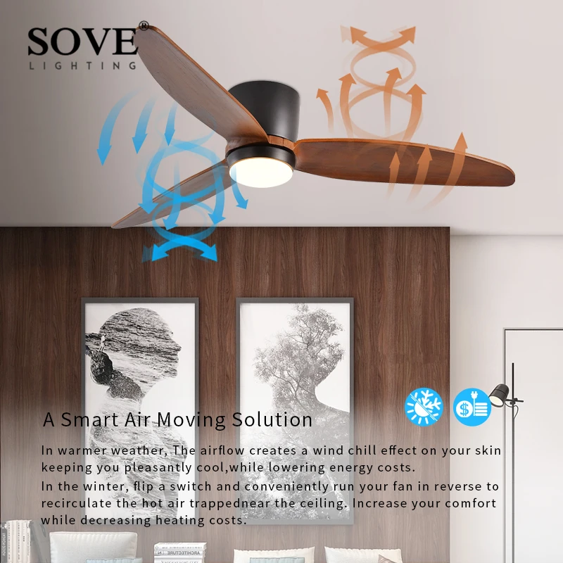 Потолочные вентиляторы SOVE 220 В со светодиодный подсветкой деревянные лопасти с