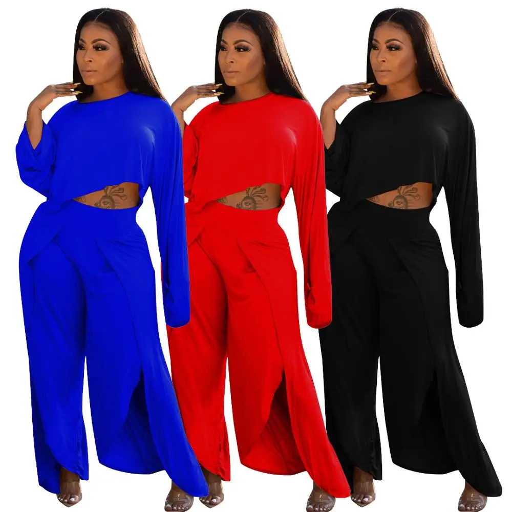 

Pure Color Two Piece Set Bohemian Style Casual Women O Neck Long Sleeve Short T-shirt Top Loose Pants Wide Leg Trousers