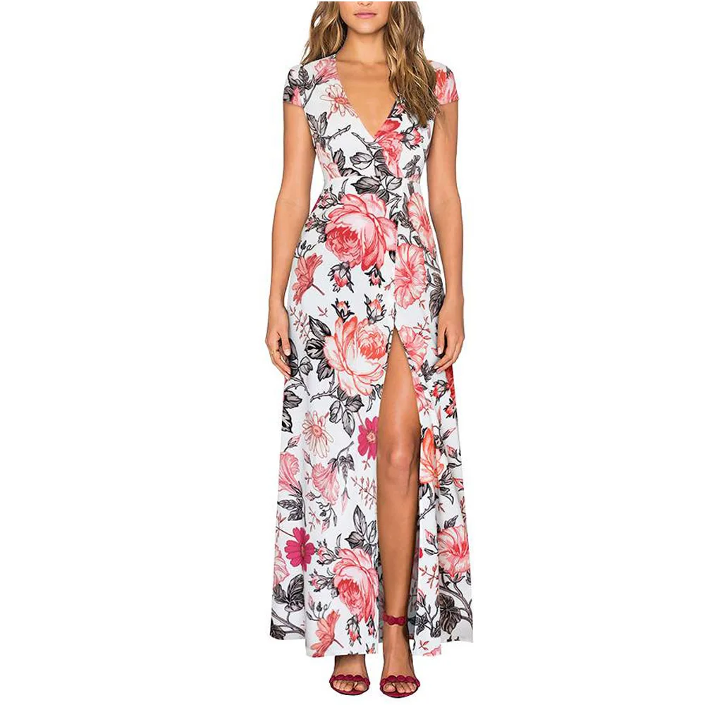 White and Floral Летнее женское модное повседневное сексуальное платье с цветочным принтом и v-образным вырезом, Элегантное Длинное Платье макси с коротким рукавом длиной до щиколотки EA098 - Цвет: White and Floral